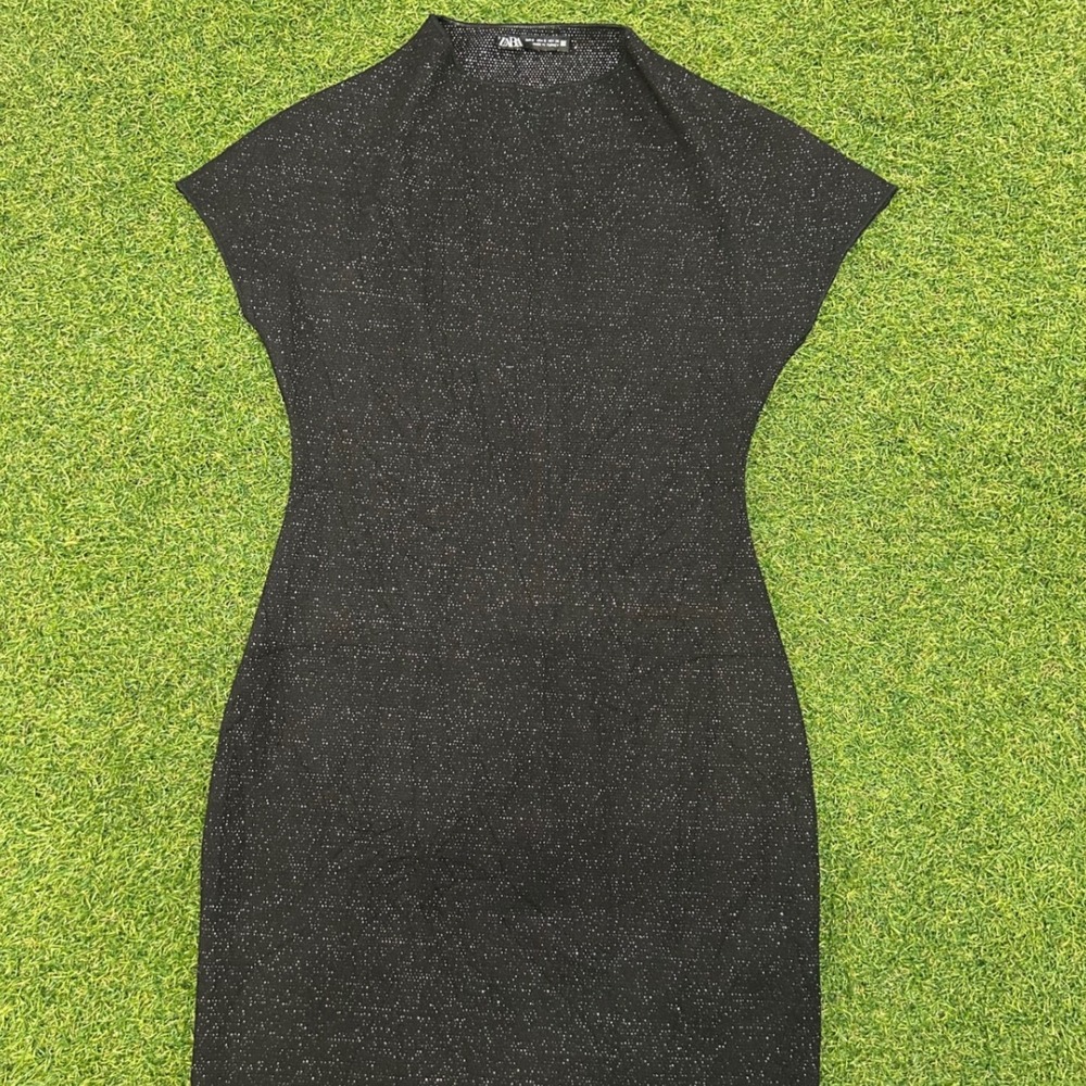 Zara Black Metallic Knit Sleeveless Mock Neck Mini Bodycon Dress Small